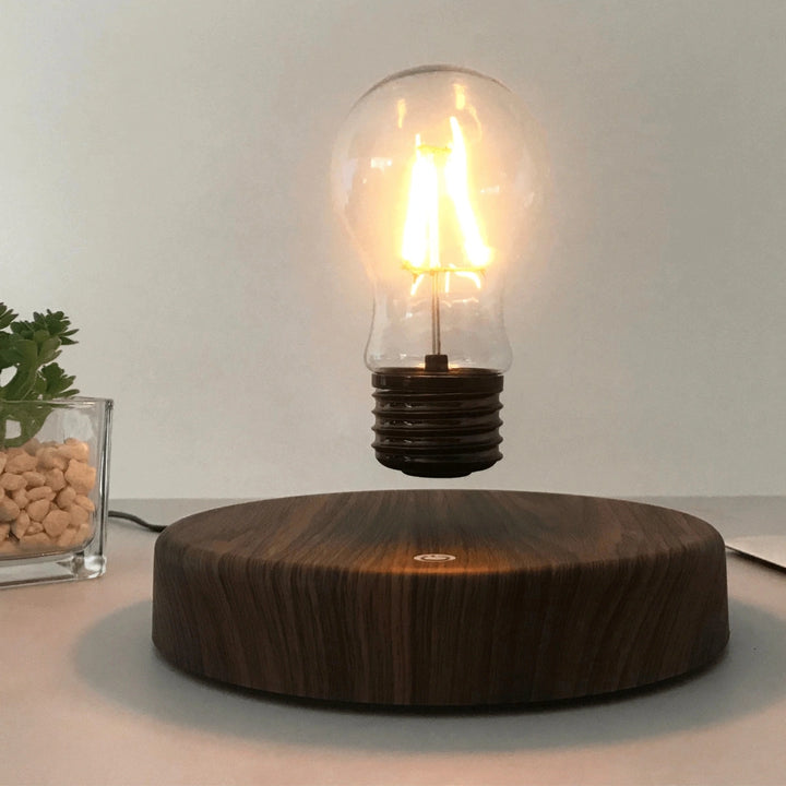 The bulb suspended in mid-air above its walnut base